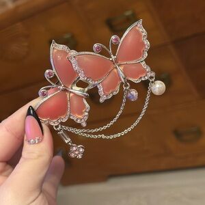Pink Butterfly Brooch with Silver Accents